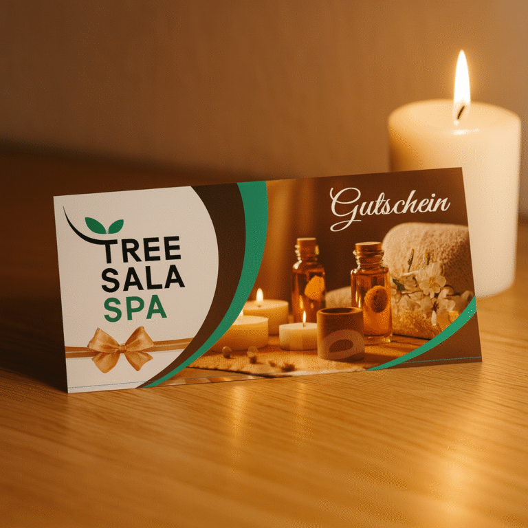 TreeSala Spa Massage Gutschein auf Holztisch mit warmem Kerzenlicht – das ideale Geschenk für Entspannung und Wohlbefinden in Bern.